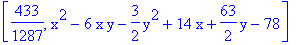 [433/1287, x^2-6*x*y-3/2*y^2+14*x+63/2*y-78]